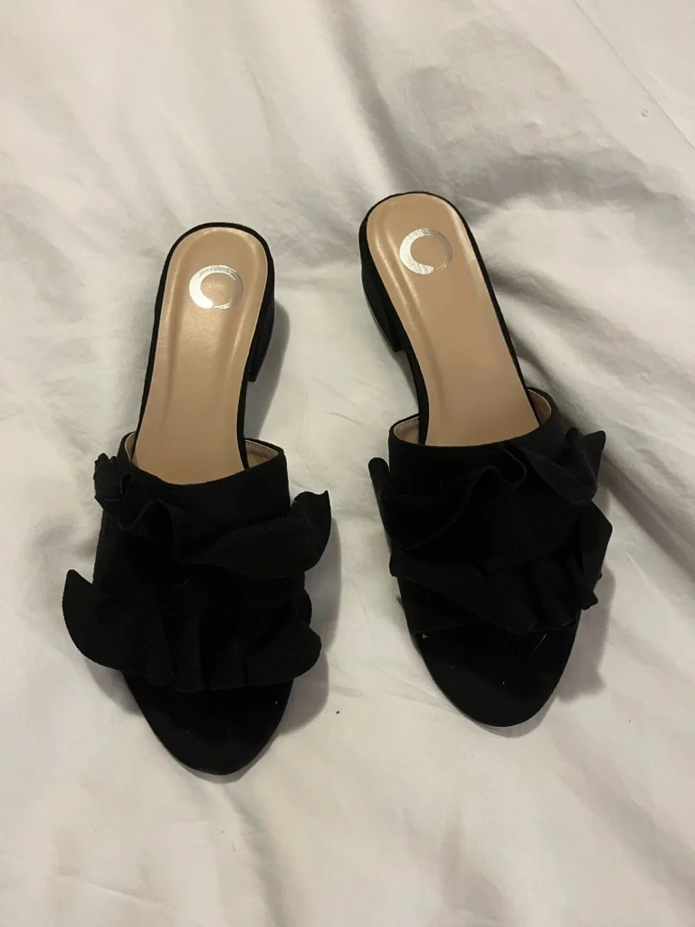 Black Ruffled Slide Heels - Women - Picture 1 of 2